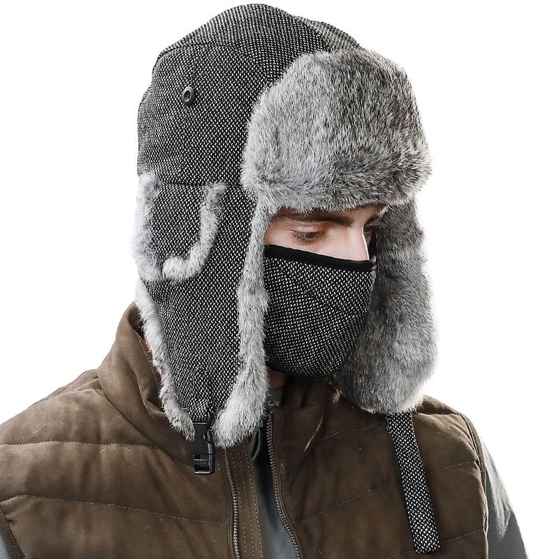 Comhats Winter 100% Real Rabbit Fur Aviator Trapper Hat for Men Ear Flaps Russian Ushanka Cold Weather with Mask Black Large - Image 5